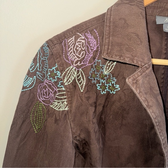 J Jill Brown Canvas Embroidered One Button Jacket Floral Purple Blue Small - Picture 4 of 11